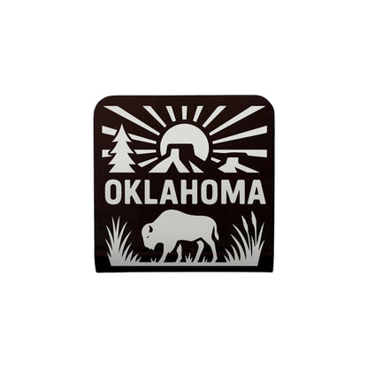 Oklahoma adventure bison aluminum hat clip with mountain sunburst and bison design, black engraved hat clip for Oklahoma gift or souvenir