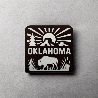 Oklahoma Adventure Bison hat clip with laser-cut Oklahoma landscape design featuring sunrise, trees, and bison, made in Tulsa.