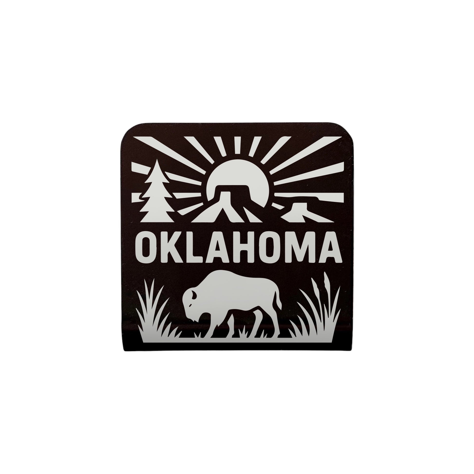 Oklahoma Adventure Bison metal hat clip with sunrise, mesas, and bison design, handcrafted Oklahoma souvenir by The Curious Bison.