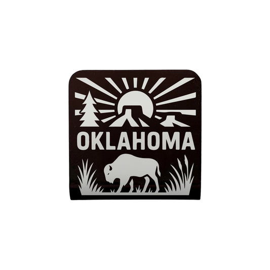 Oklahoma Adventure Bison metal hat clip with sunrise, mesas, and bison design, handcrafted Oklahoma souvenir by The Curious Bison.