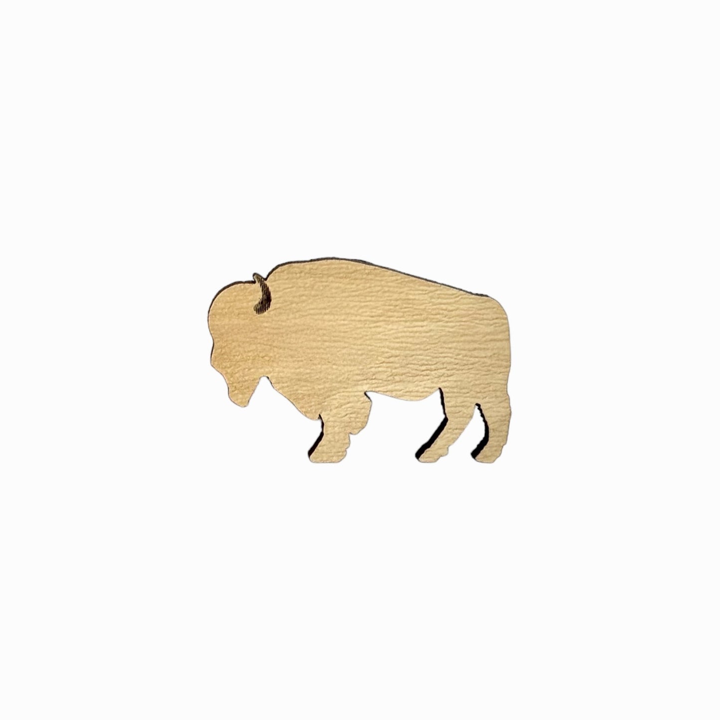 Oklahoma American bison wooden lapel pin showing bison silhouette cut from wood, minimalist Oklahoma souvenir pin inspired by American bison