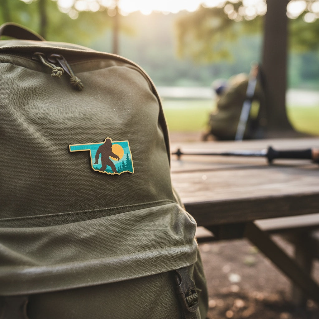 Oklahoma Bigfoot wooden lapel pin attached to backpack, Sasquatch souvenir pin for hikers, campers, travelers, and Oklahoma gift shoppers