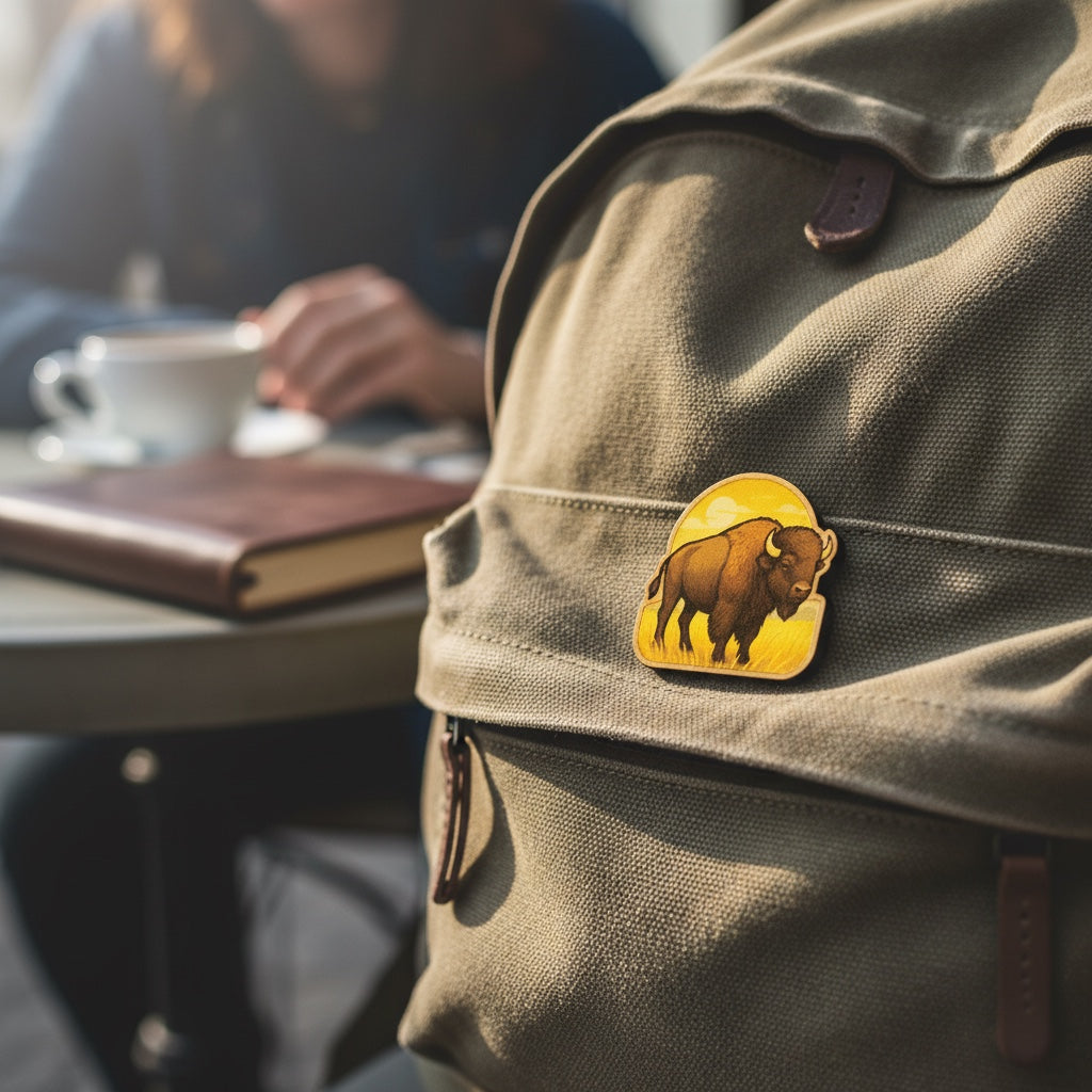 Oklahoma buffalo wooden lapel pin attached to backpack, souvenir pin for travelers, Route 66 visitors, wildlife fans, and Oklahoma gift shoppers