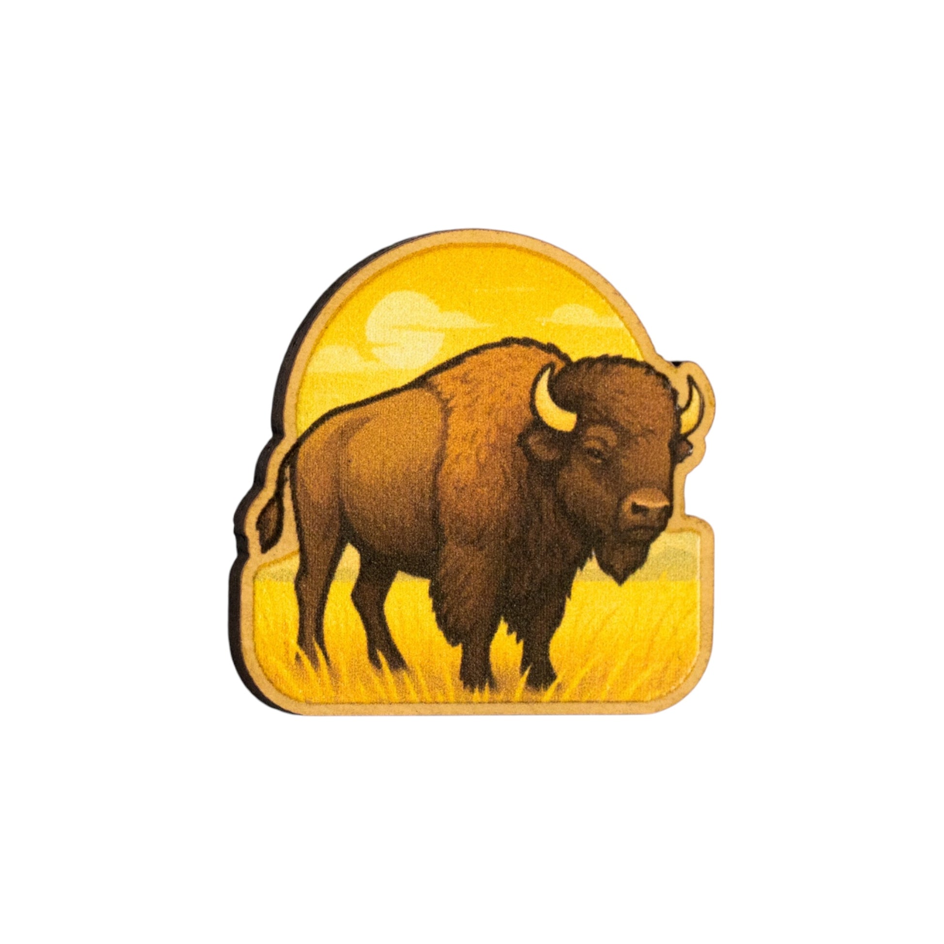 Eco Wood Birch Oklahoma bison lapel pin isolated on white background showing American buffalo prairie sunset souvenir design