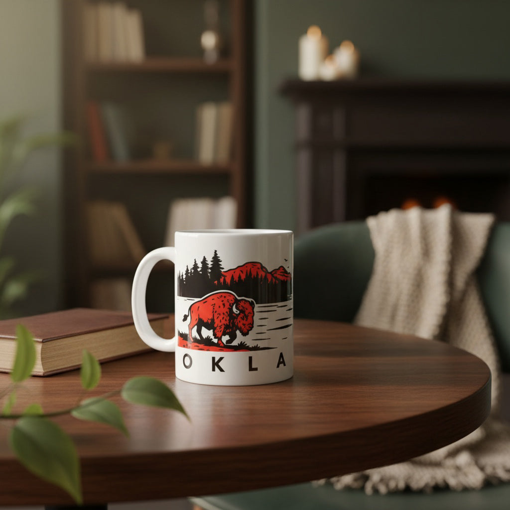 Oklahoma wildlife 11oz coffee mug with bison sunset design sitting on table in cozy home setting with a book, Oklahoma souvenir gift mug