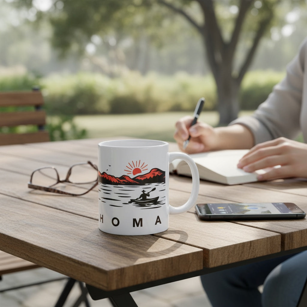 Oklahoma bison sunset coffee mug sitting on outdoor table beside notebook and phone with canoe lake design visible, Oklahoma travel souvenir mug for coffee