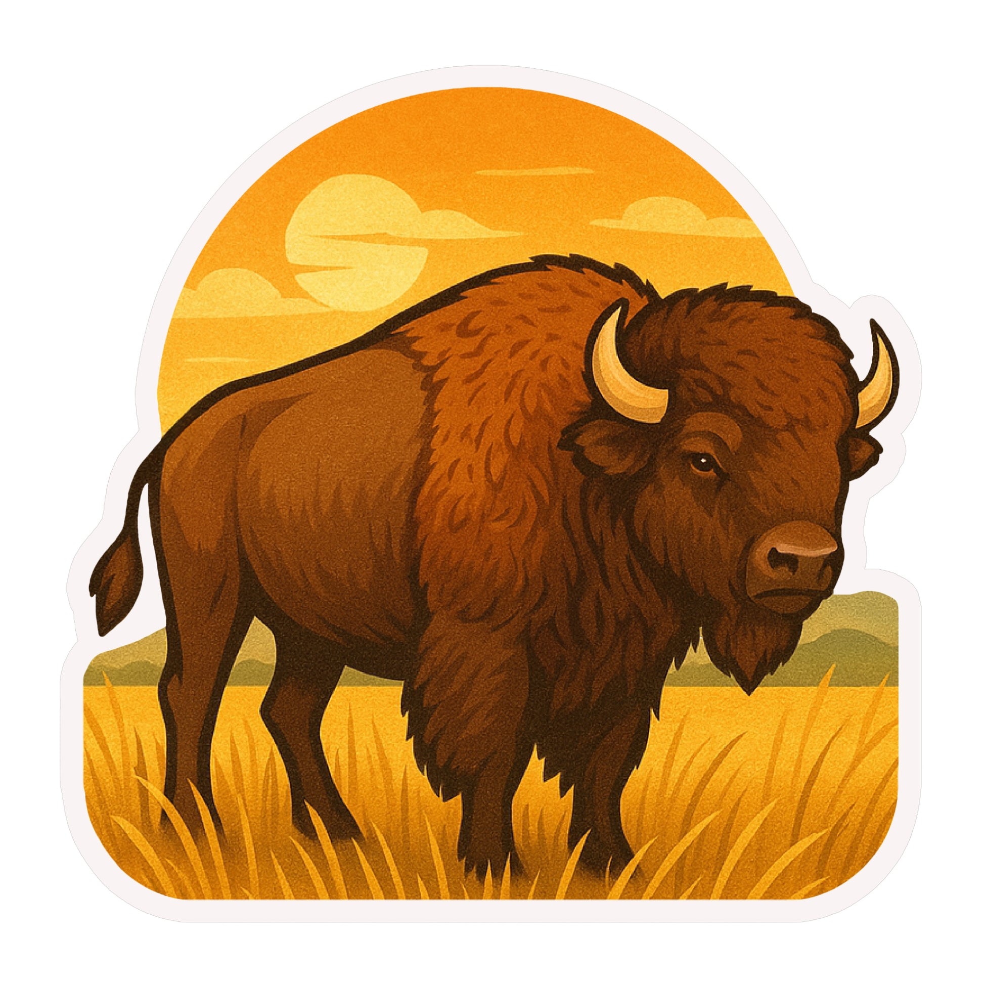 Oklahoma bison sunset prairie sticker showing a detailed American bison standing in tall grass with a golden sunset sky and rolling hills, western Oklahoma wildlife souvenir decal