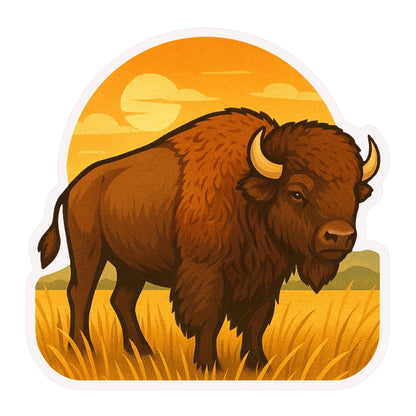 Oklahoma bison sunset prairie sticker showing a detailed American bison standing in tall grass with a golden sunset sky and rolling hills, western Oklahoma wildlife souvenir decal