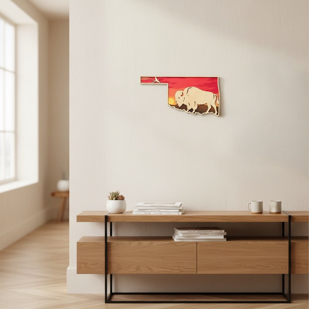 Oklahoma bison sunset wall art displayed on a modern living room wall featuring layered wood Oklahoma state decor with prairie sunset colors and Scissortail Flycatcher detail for Oklahoma home decor or travel souvenir gift