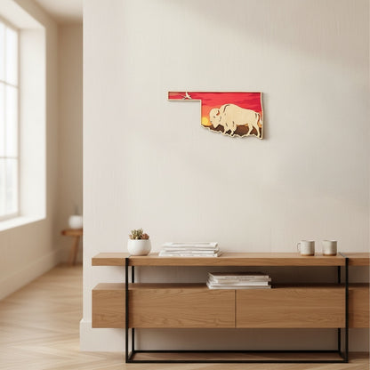 Oklahoma bison sunset wall art displayed on a modern living room wall featuring layered wood Oklahoma state decor with prairie sunset colors and Scissortail Flycatcher detail for Oklahoma home decor or travel souvenir gift