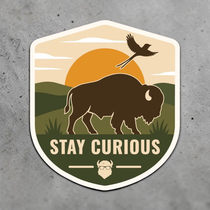 Oklahoma bison vinyl sticker displayed on a gray surface with a scissortail flying over a prairie sunset and Stay Curious wording, shown as an outdoor travel gift or souvenir