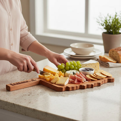 Oklahoma shaped cherry wood charcuterie board with engraved Tulsa skyline handle detail, styled with cheese, grapes, crackers, and cured meat on kitchen counter, Oklahoma serving board gift for weddings, housewarmings, and Tulsa home decor
