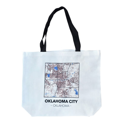 Oklahoma City map tote bag showing detailed OKC street grid and waterways, large white tote with black handles for city pride or travel gift