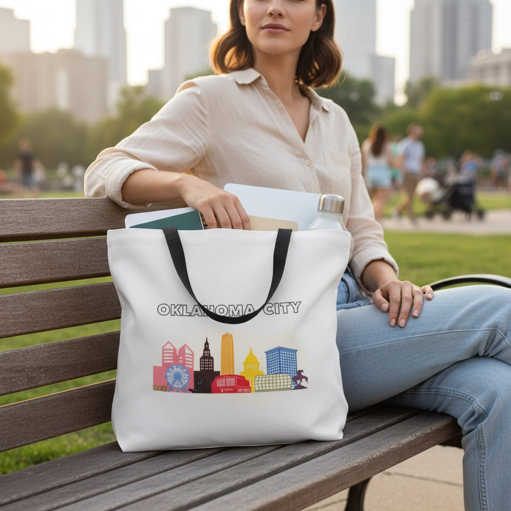 Woman sitting on a park bench with Oklahoma City Pride tote bag, rainbow skyline design representing inclusivity and OKC pride.