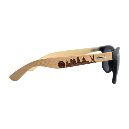 Oklahoma City skyline bamboo sunglasses showing laser engraving of local landmarks, lightweight and stylish Oklahoma gift.