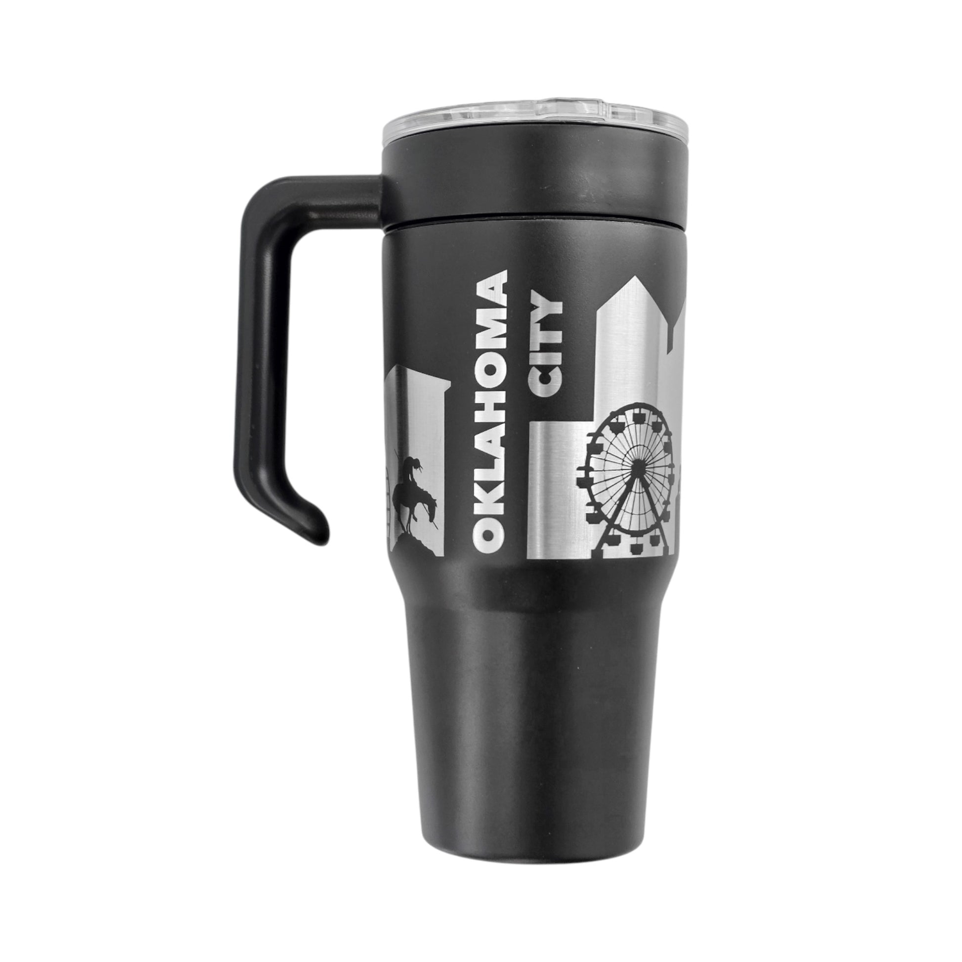 Black Oklahoma City skyline 30oz tumbler with handle featuring engraved skyline artwork, insulated stainless steel travel mug for Oklahoma City souvenir or everyday use
