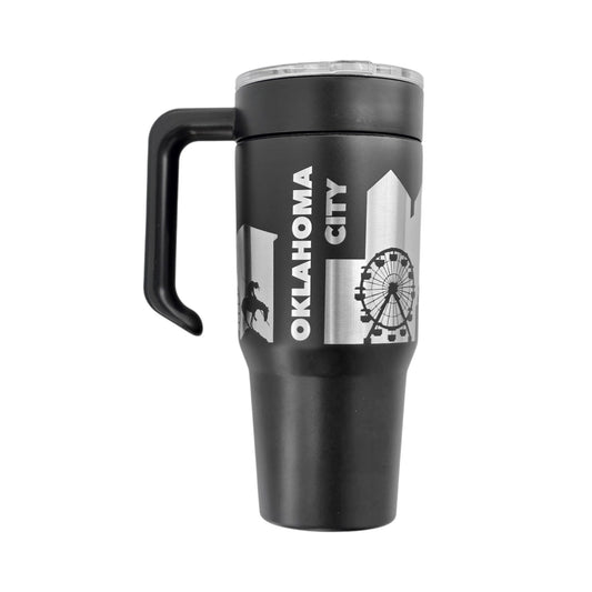 Black Oklahoma City skyline 30oz tumbler with handle featuring engraved skyline artwork, insulated stainless steel travel mug for Oklahoma City souvenir or everyday use