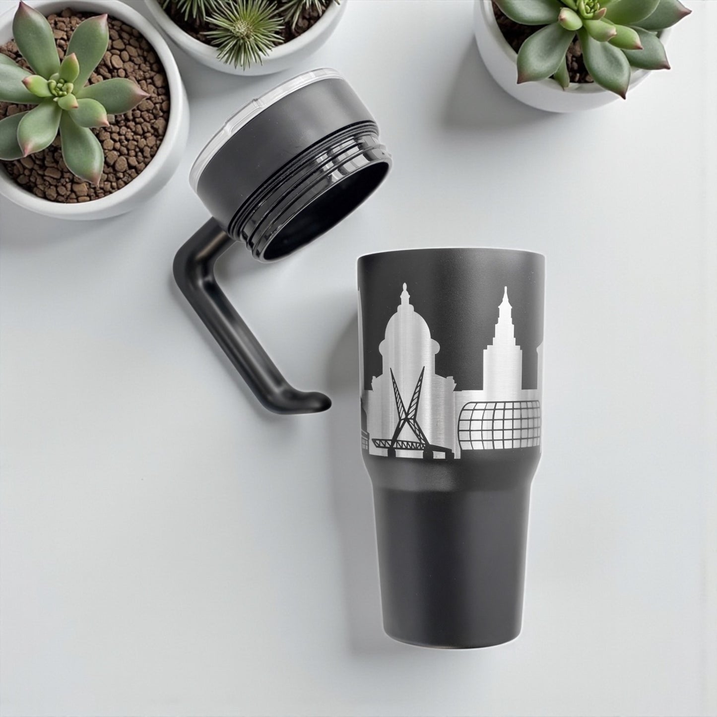 Black Oklahoma City skyline 30oz tumbler with handle and lid removed showing threaded cup, screw on handle ring, and leak resistant lid