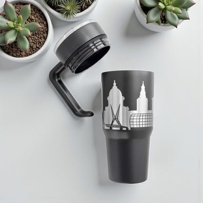 Black Oklahoma City skyline 30oz tumbler with handle and lid removed showing threaded cup, screw on handle ring, and leak resistant lid