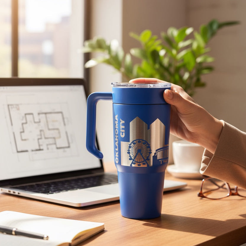 Blue Oklahoma City skyline 30oz tumbler with removable handle held near laptop, engraved skyline travel mug for work or travel