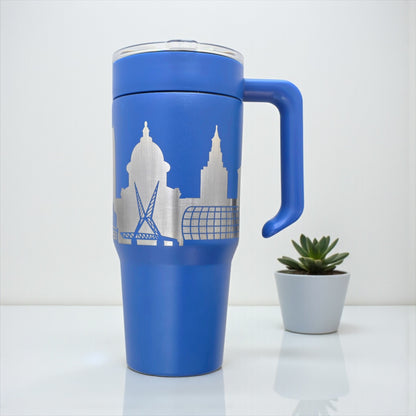 Blue Oklahoma City Skyline 30oz tumbler showing detailed engraving of Oklahoma landmarks, stainless travel cup by The Curious Bison.