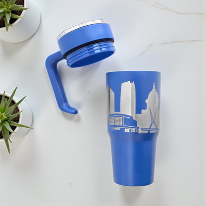Blue Oklahoma City skyline 30oz tumbler with removable handle and lid displayed separately, screw on handle option travel mug