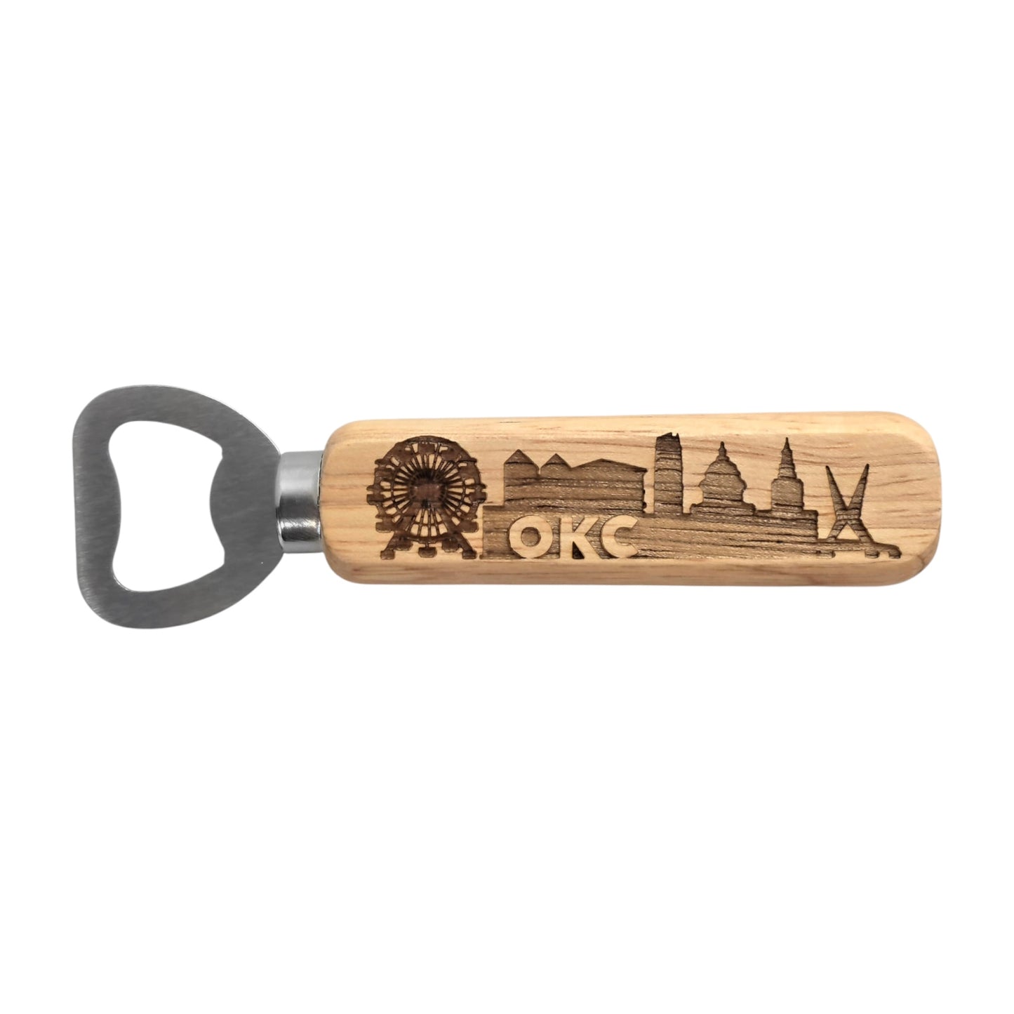 Oklahoma City skyline bottle opener with laser-engraved OKC landmarks on a wood handle, handcrafted souvenir by The Curious Bison.