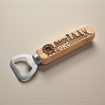 Oklahoma City skyline bottle opener with laser-engraved wood handle and metal head, perfect Route 66 bar accessory by The Curious Bison.