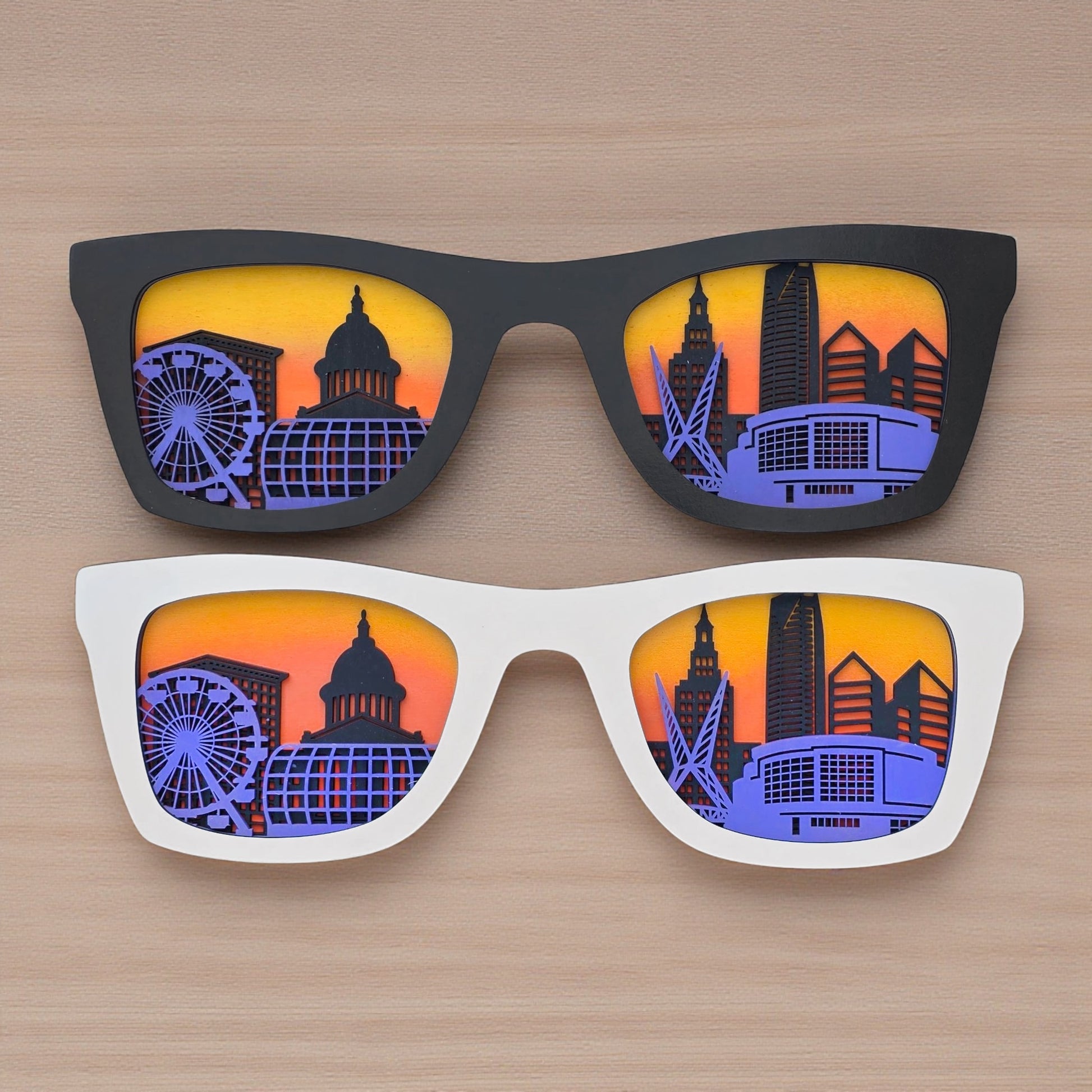 Set of Oklahoma City skyline sunglasses wall art in black and white color options, layered city skyline decor for shelf or desk display