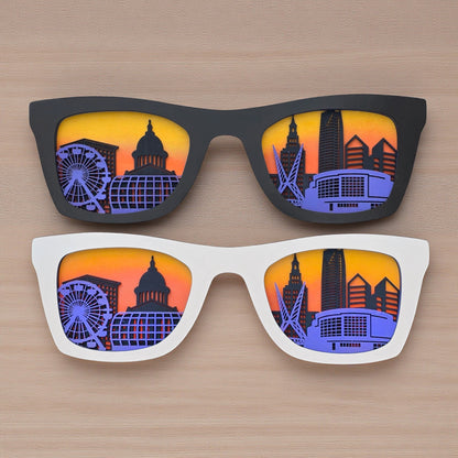 Set of Oklahoma City skyline sunglasses wall art in black and white color options, layered city skyline decor for shelf or desk display