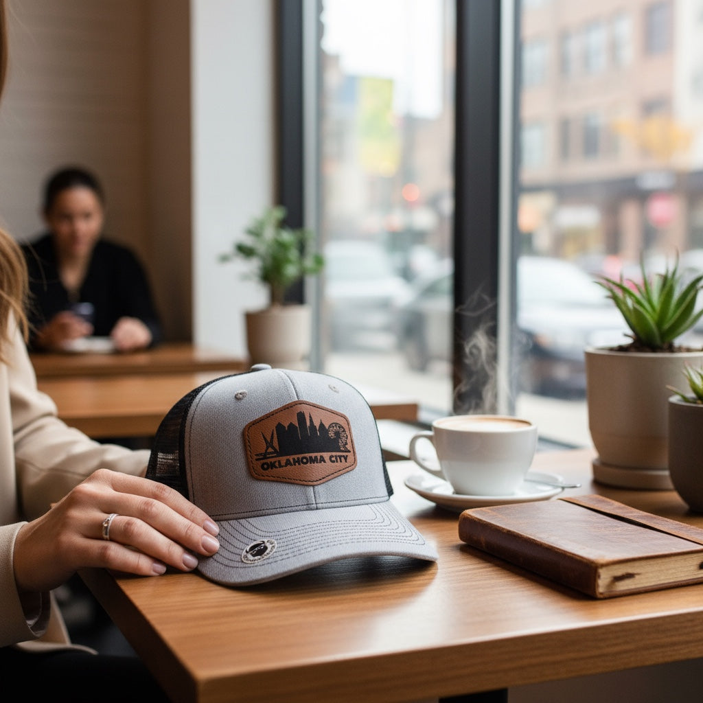 Oklahoma City skyline trucker hat on cafe table next to coffee, leatherette patch OKC hat styled as casual travel and local pride accessory