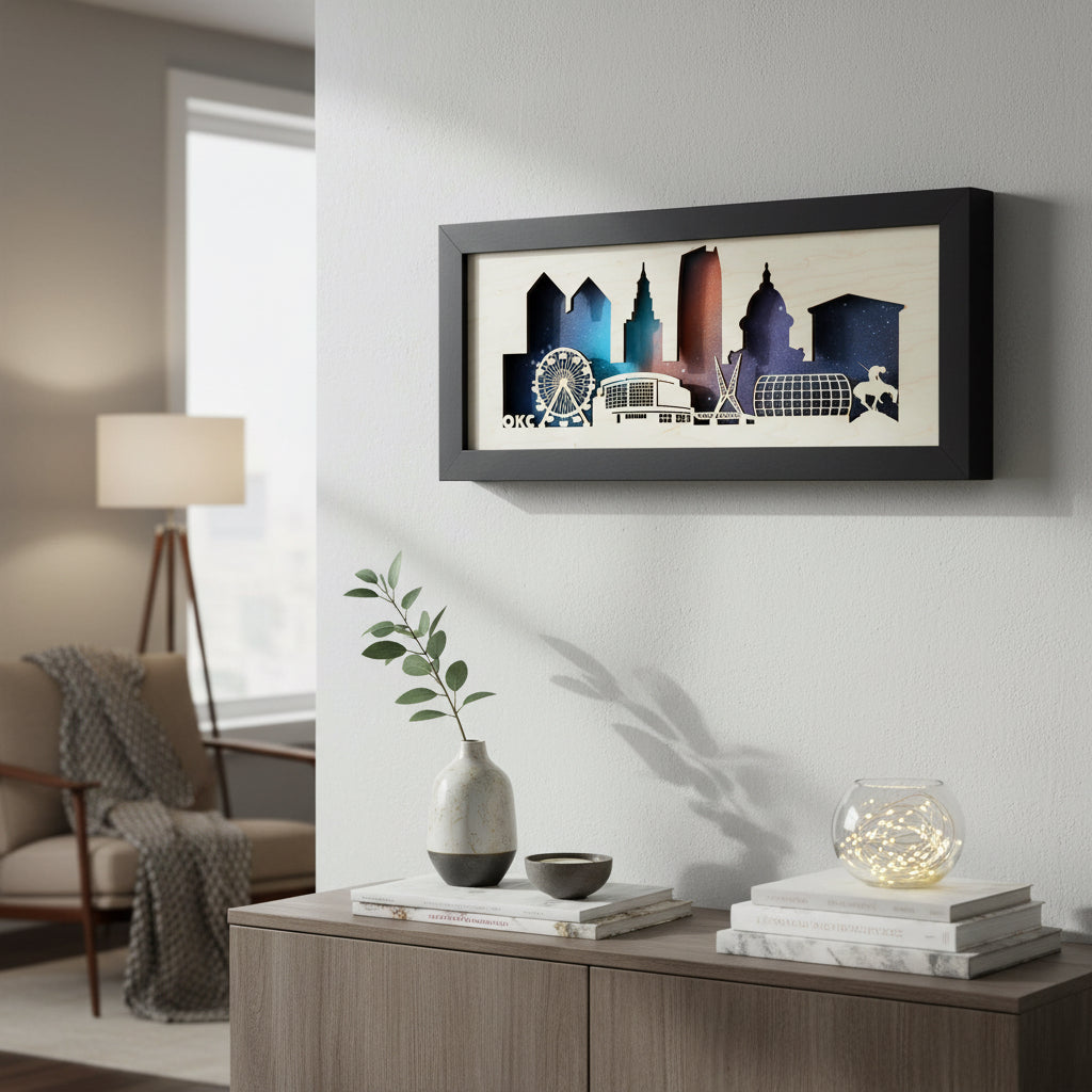 Framed Oklahoma City skyline layered wood wall art displayed on light wall above modern console table, detailed OKC skyline silhouette with Ferris wheel and city landmarks against night sky background, Oklahoma home decor gift and travel souvenir