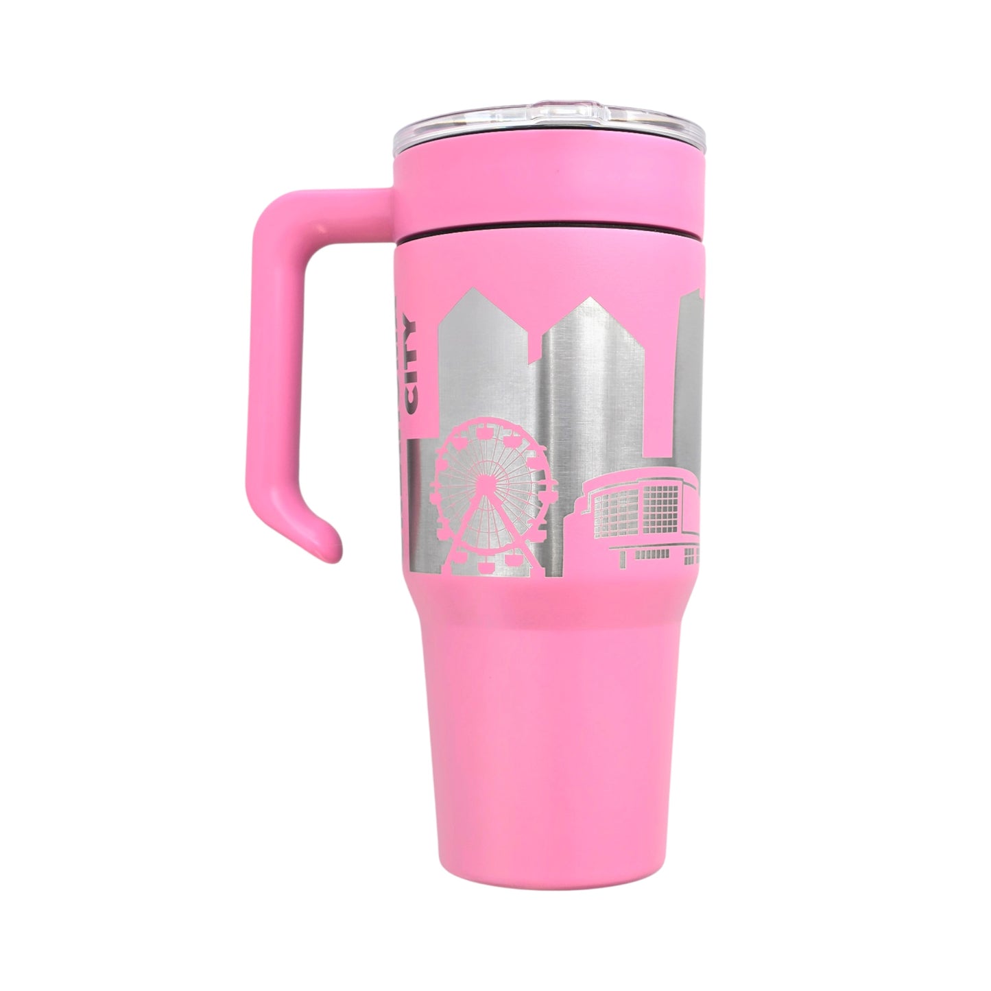 Pink Oklahoma City skyline 30oz tumbler with handle showing engraved city skyline design, stainless steel travel mug with lid and straw for Oklahoma City gift