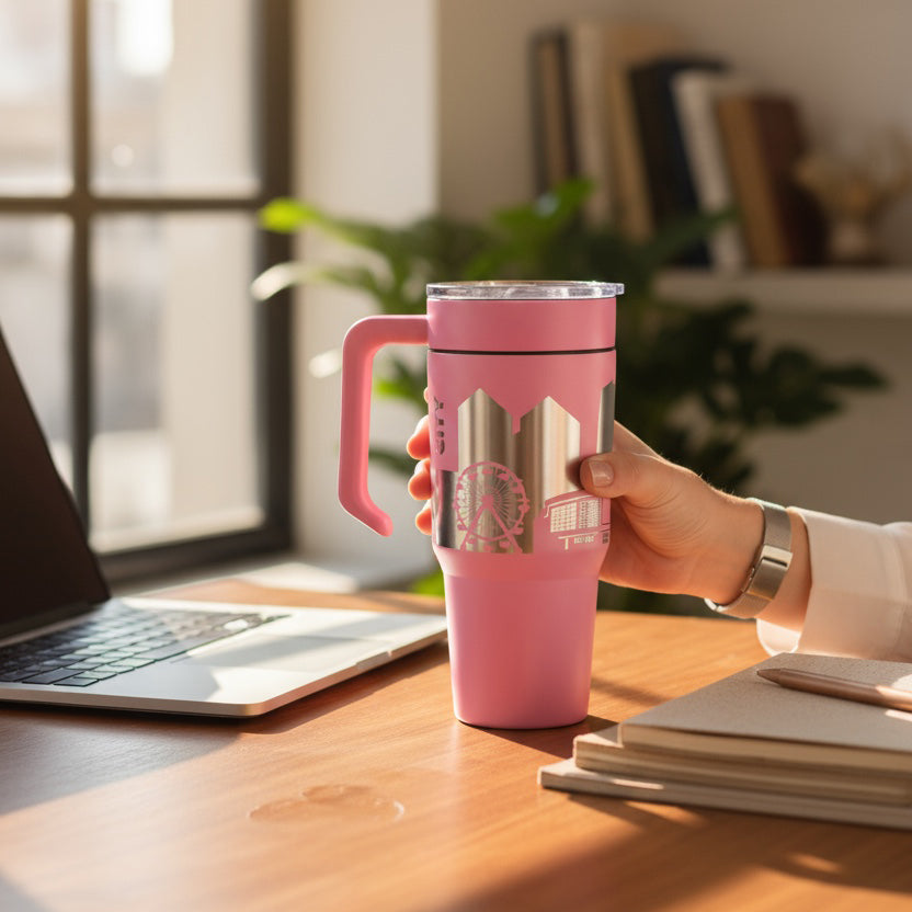 Pink Oklahoma City skyline 30oz tumbler with removable handle on a desk next to laptop and notebook, engraved stainless steel travel mug for Oklahoma City gift