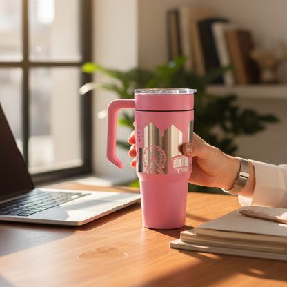 Pink Oklahoma City skyline 30oz tumbler with removable handle on a desk next to laptop and notebook, engraved stainless steel travel mug for Oklahoma City gift