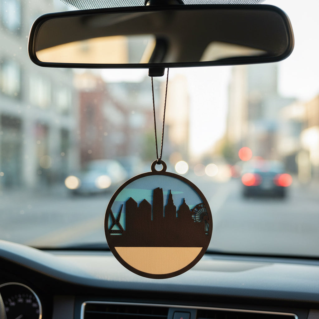 Round wooden Oklahoma City skyline car ornament hanging from rearview mirror, layered OKC city silhouette with skyline landmarks inside circular frame, lightweight auto accessory gift for Oklahoma travelers, Route 66 road trips, and USA city souvenir collectors
