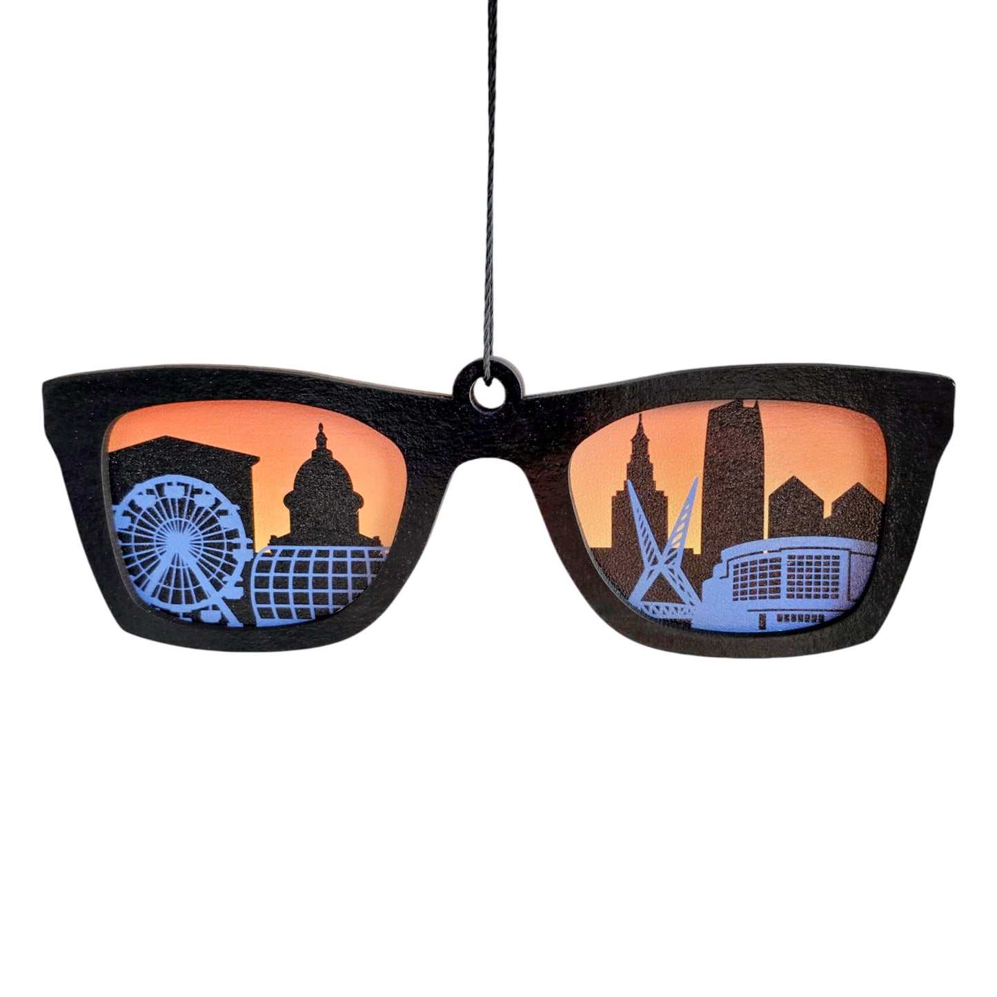 Oklahoma City Skyline Sunglasses Ornament featuring OKC landmarks like Skydance Bridge and Wheeler Ferris Wheel, Route 66 souvenir by The Curious Bison.