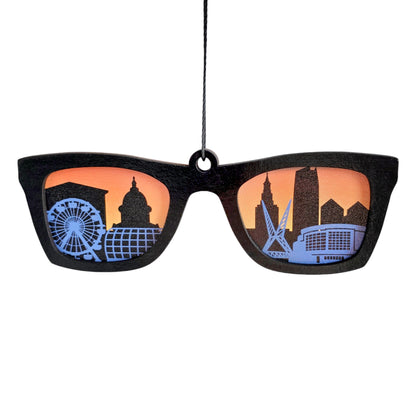 Oklahoma City Skyline Sunglasses Ornament featuring OKC landmarks like Skydance Bridge and Wheeler Ferris Wheel, Route 66 souvenir by The Curious Bison.
