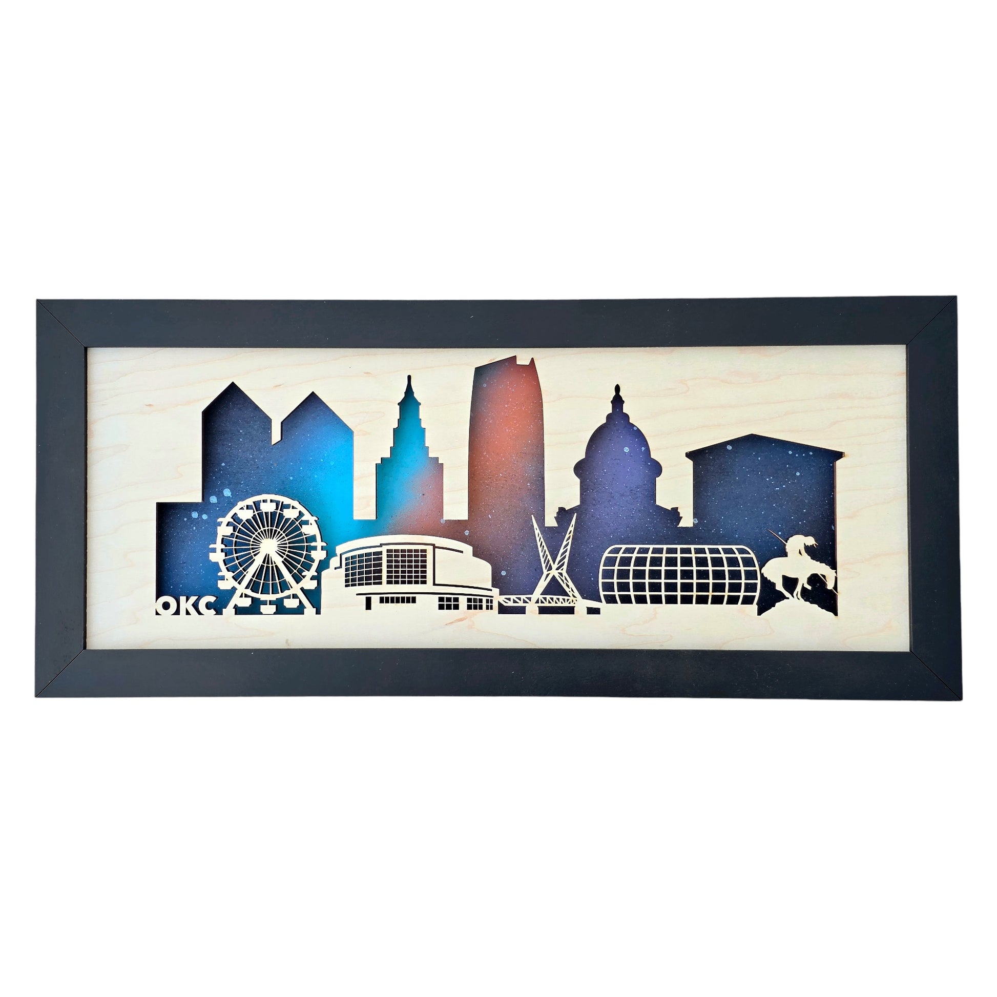 Framed Oklahoma City skyline wooden wall art with layered laser cut wood and night sky background, OKC landmark silhouettes for home decor