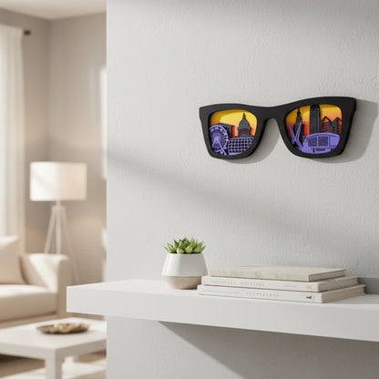 Black sunglasses shaped layered wood wall art featuring Oklahoma City skyline with Ferris wheel, capitol dome, skyscrapers, and arena against sunset sky background, modern OKC home decor gift and Oklahoma travel souvenir