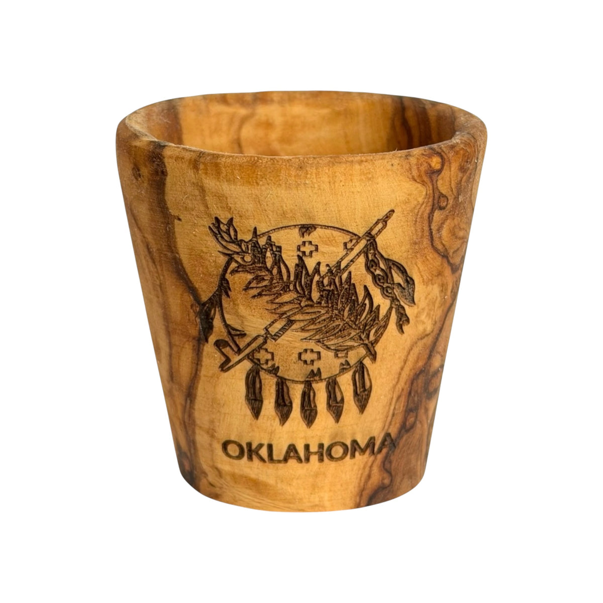 Oklahoma flag olive wood shot glass with laser engraved Osage shield, peace pipe, olive branch and Oklahoma lettering, wooden state souvenir shown from the front