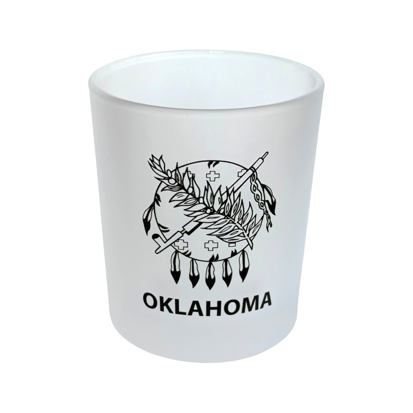 Frosted 8 oz Oklahoma whiskey glass featuring a detailed Oklahoma state flag inspired shield design printed in black, lowball rocks glass for whiskey, bourbon, cocktails, Oklahoma souvenirs, and Route 66 travel gifts.