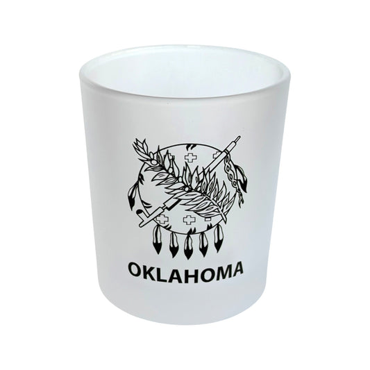 Frosted 8 oz Oklahoma whiskey glass featuring a detailed Oklahoma state flag inspired shield design printed in black, lowball rocks glass for whiskey, bourbon, cocktails, Oklahoma souvenirs, and Route 66 travel gifts.