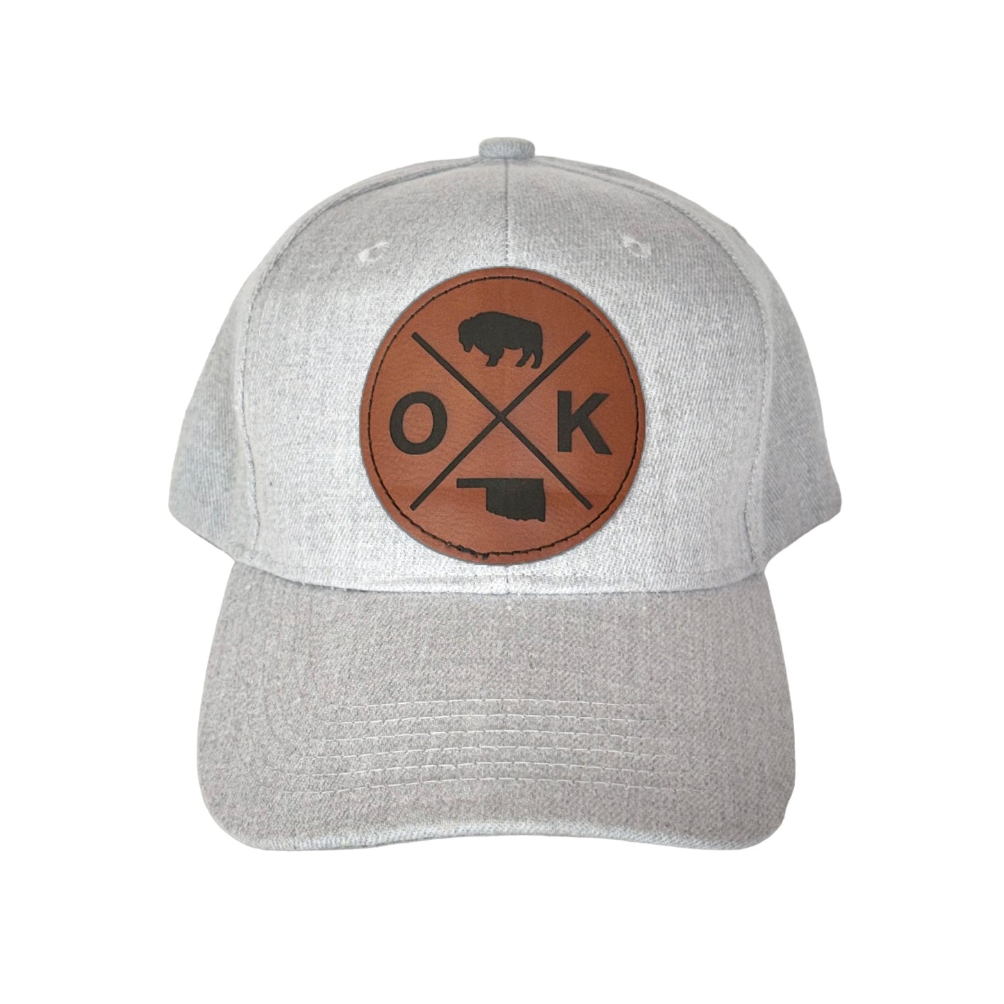 Gray Oklahoma baseball hat with adjustable strap and heat pressed leatherette OK bison patch, casual everyday hat