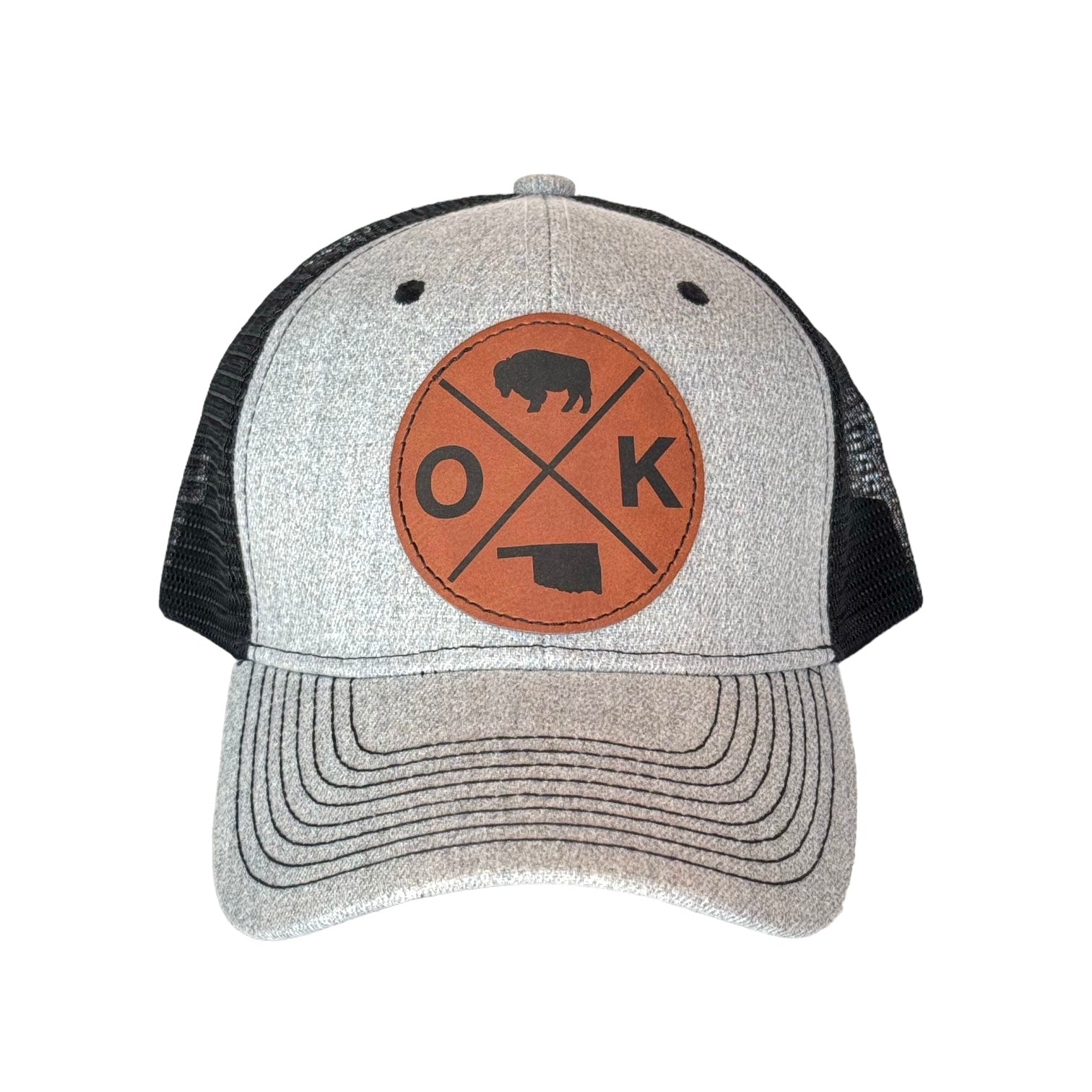 Gray Oklahoma snapback hat with laser engraved leatherette OK bison patch, heat pressed adhesive, mesh back trucker style gift hat