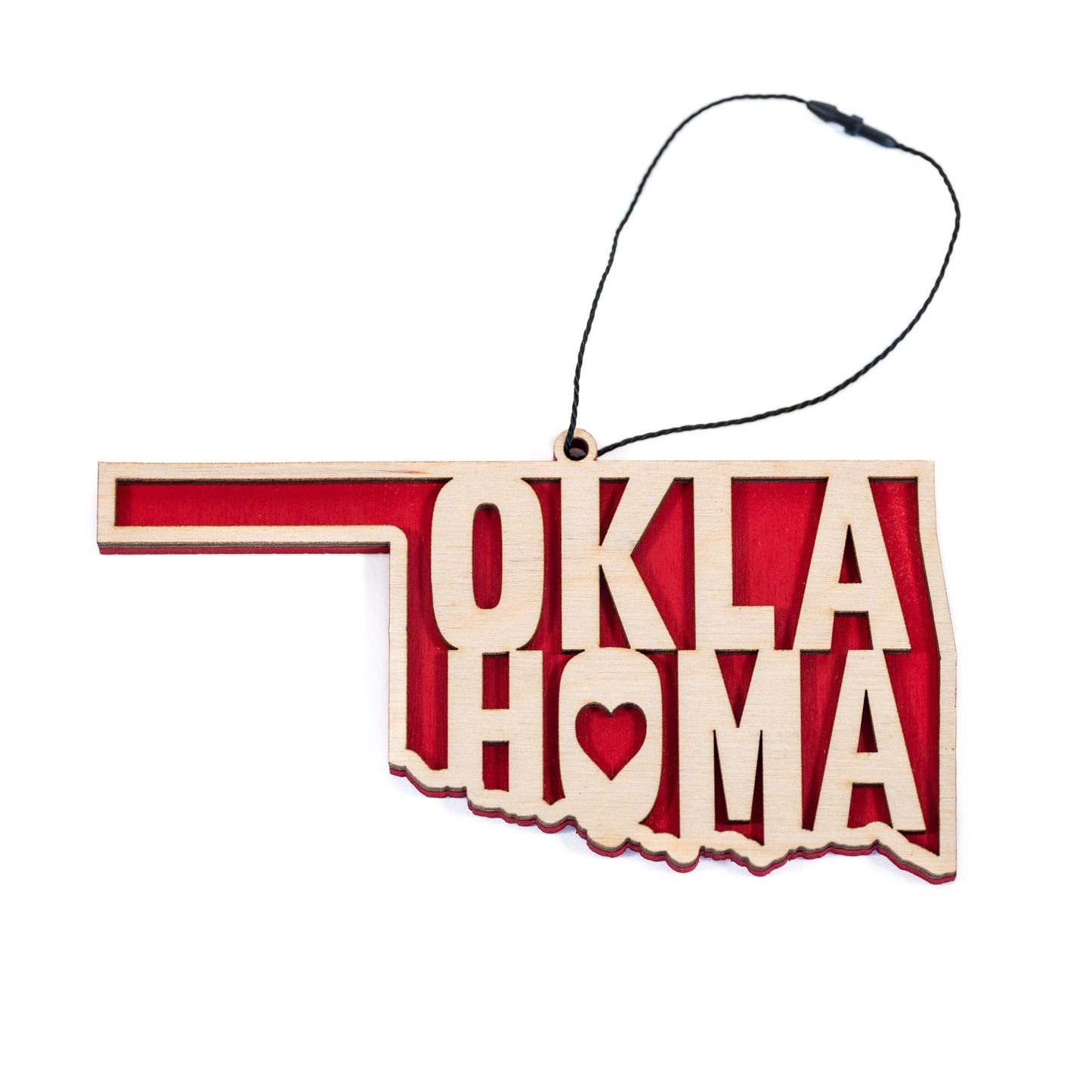 Oklahoma heart wooden ornament in state shape with heart cutout, layered laser cut wood ornament with natural wood top and red stained backing, Oklahoma gift or souvenir