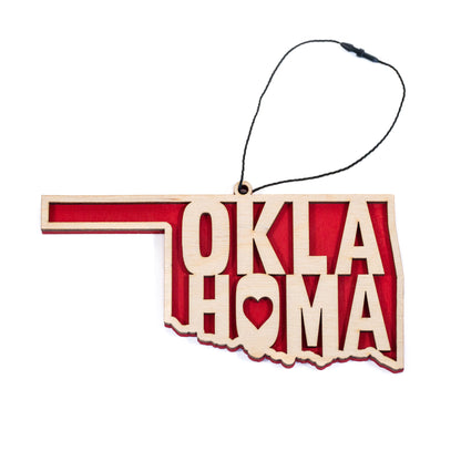 Oklahoma heart wooden ornament in state shape with heart cutout, layered laser cut wood ornament with natural wood top and red stained backing, Oklahoma gift or souvenir