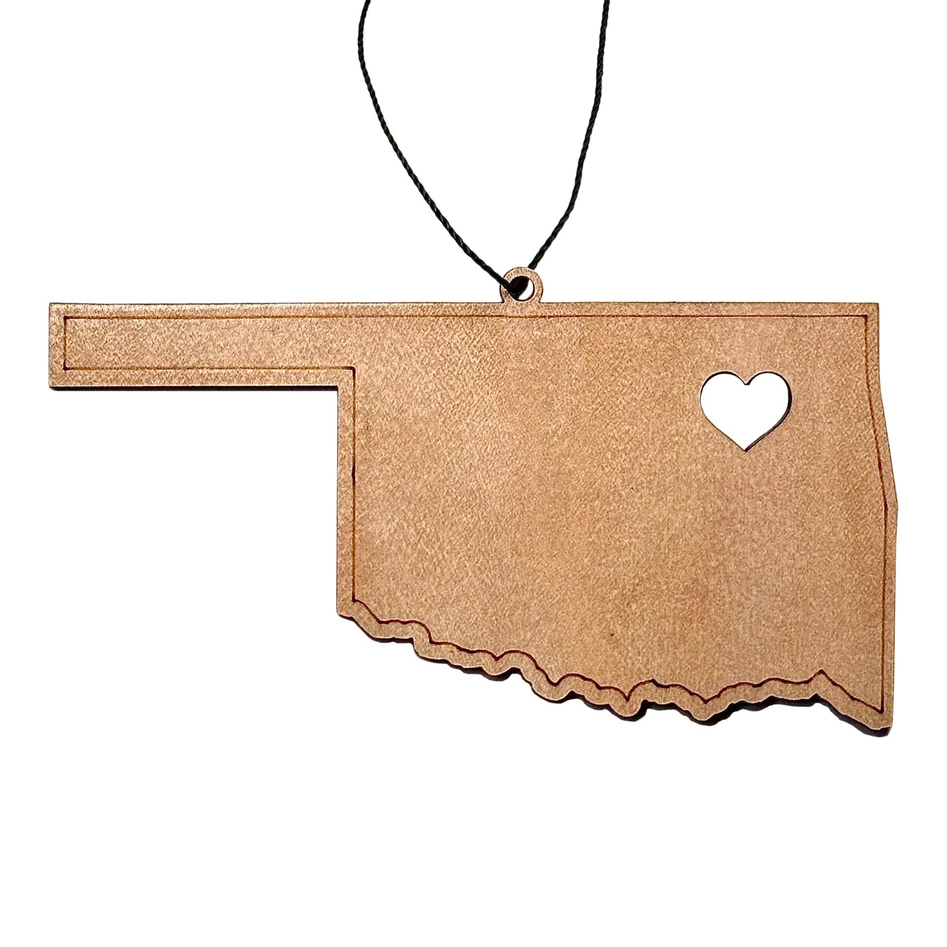 Oklahoma heart wooden ornament in state shape with heart cutout marking home, laser cut wood ornament with hanging cord for Oklahoma gift or souvenir
