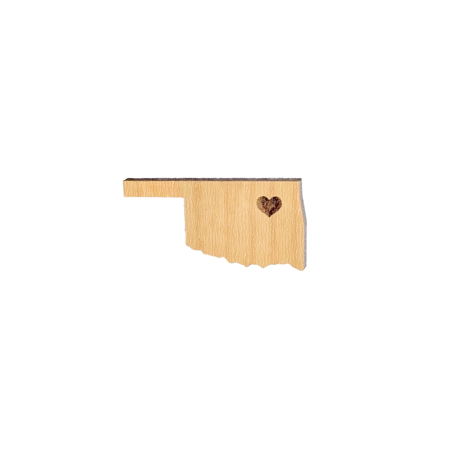 Oklahoma heart wooden lapel pin showing state shape with engraved heart detail, laser cut wood pin used as Oklahoma souvenir or state pride accessory