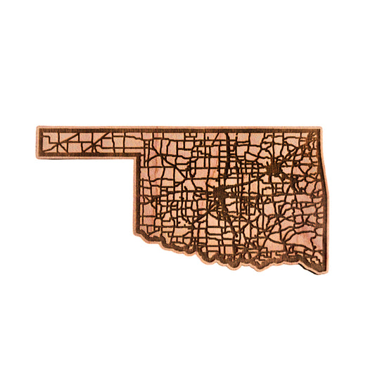 A detailed laser-etched magnet featuring Oklahoma’s highway system, crafted from 1/4” maple wood.